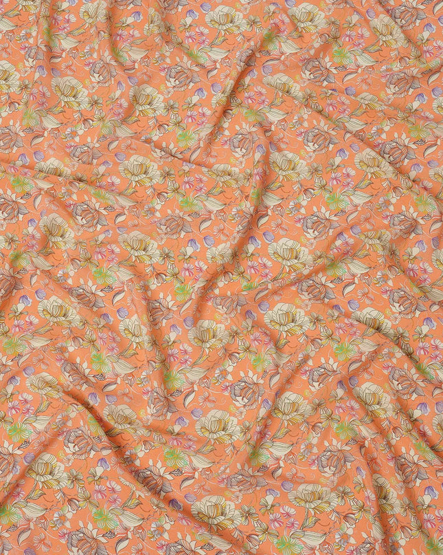 Peach Multicolor Floral Printed Premium Pure Silk Crepe Fabric with Artistic Botanical Design, 110 cms Width, Made in India-D26329