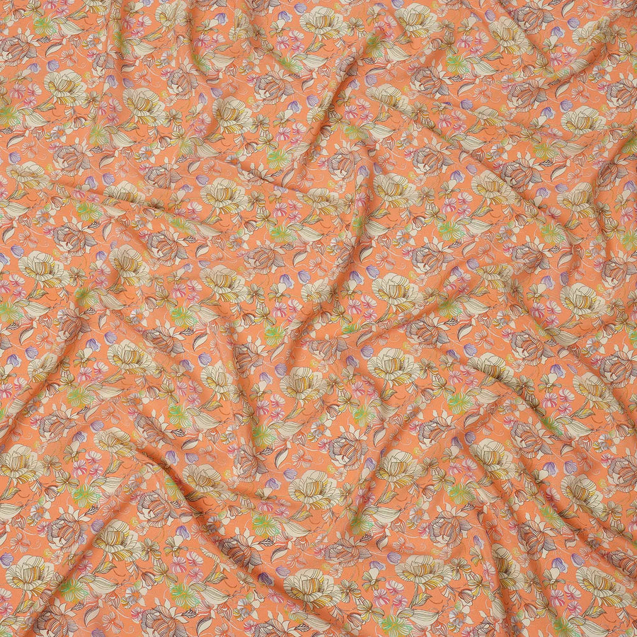 Peach Multicolor Floral Printed Premium Pure Silk Crepe Fabric with Artistic Botanical Design, 110 cms Width, Made in India-D26329