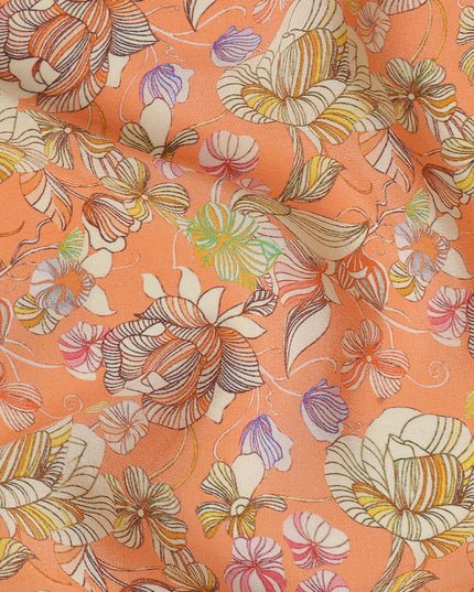 Peach Multicolor Floral Printed Premium Pure Silk Crepe Fabric with Artistic Botanical Design, 110 cms Width, Made in India-D26329