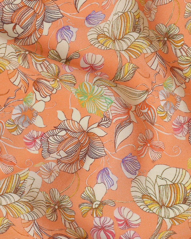 Peach Multicolor Floral Printed Premium Pure Silk Crepe Fabric with Artistic Botanical Design, 110 cms Width, Made in India-D26329