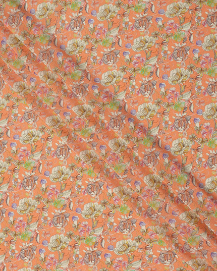 Peach Multicolor Floral Printed Premium Pure Silk Crepe Fabric with Artistic Botanical Design, 110 cms Width, Made in India-D26329