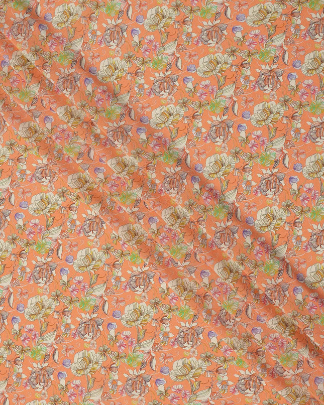 Peach Multicolor Floral Printed Premium Pure Silk Crepe Fabric with Artistic Botanical Design, 110 cms Width, Made in India-D26329