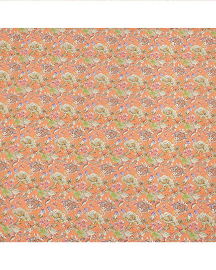 Peach Multicolor Floral Printed Premium Pure Silk Crepe Fabric with Artistic Botanical Design, 110 cms Width, Made in India-D26329