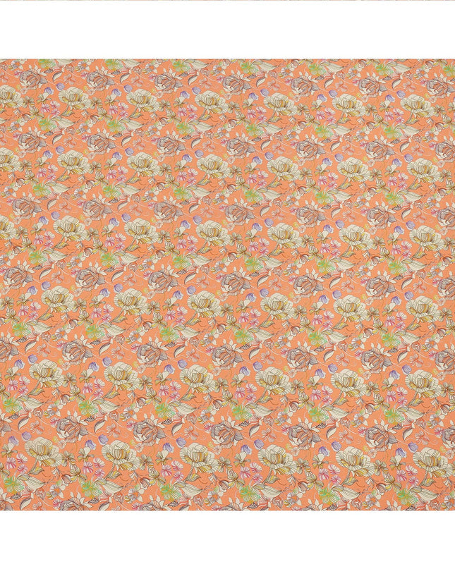 Peach Multicolor Floral Printed Premium Pure Silk Crepe Fabric with Artistic Botanical Design, 110 cms Width, Made in India-D26329