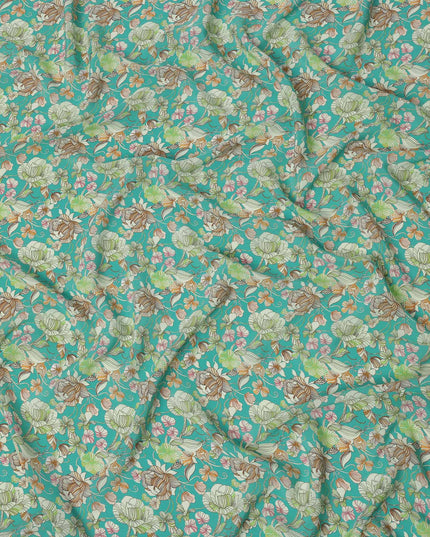 Turquoise Multicolor Floral Printed Premium Pure Silk Crepe Fabric with Botanical Garden Design, 110 cms Width, Made in India-D26331