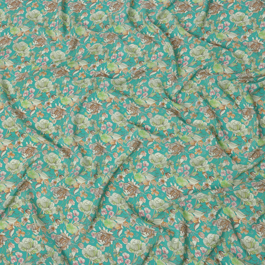 Turquoise Multicolor Floral Printed Premium Pure Silk Crepe Fabric with Botanical Garden Design, 110 cms Width, Made in India-D26331