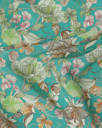 Turquoise Multicolor Floral Printed Premium Pure Silk Crepe Fabric with Botanical Garden Design, 110 cms Width, Made in India-D26331