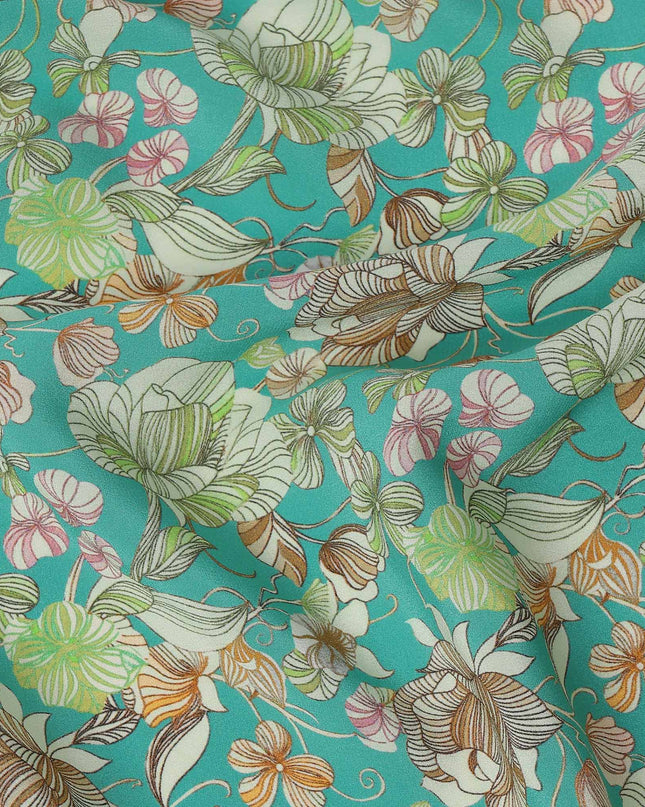 Turquoise Multicolor Floral Printed Premium Pure Silk Crepe Fabric with Botanical Garden Design, 110 cms Width, Made in India-D26331
