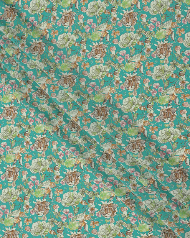 Turquoise Multicolor Floral Printed Premium Pure Silk Crepe Fabric with Botanical Garden Design, 110 cms Width, Made in India-D26331