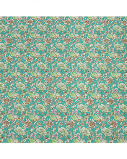 Turquoise Multicolor Floral Printed Premium Pure Silk Crepe Fabric with Botanical Garden Design, 110 cms Width, Made in India-D26331