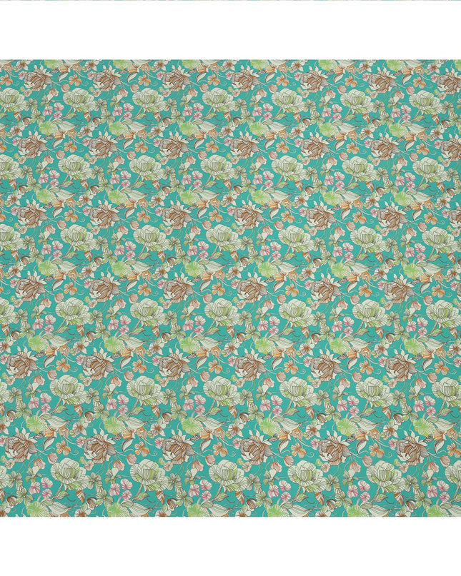 Turquoise Multicolor Floral Printed Premium Pure Silk Crepe Fabric with Botanical Garden Design, 110 cms Width, Made in India-D26331