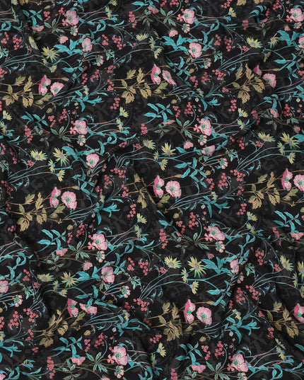 Black Multicolor Floral Printed Premium Pure Silk Crepe Fabric with Botanical Vine Design, 110 cms Width, Made in India-D26326