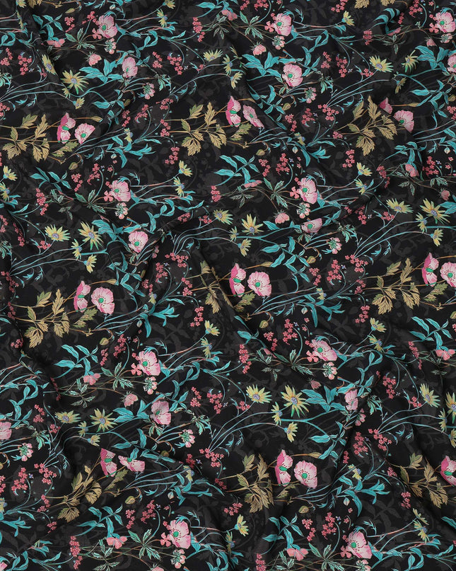 Black Multicolor Floral Printed Premium Pure Silk Crepe Fabric with Botanical Vine Design, 110 cms Width, Made in India-D26326