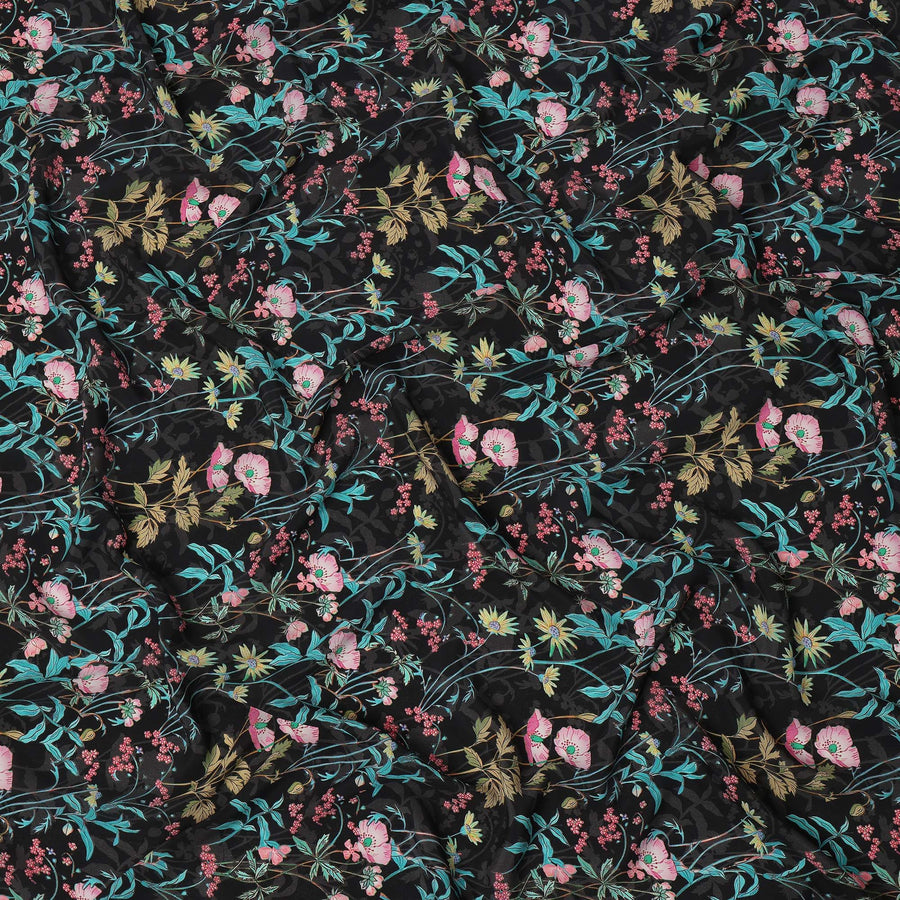 Black Multicolor Floral Printed Premium Pure Silk Crepe Fabric with Botanical Vine Design, 110 cms Width, Made in India-D26326