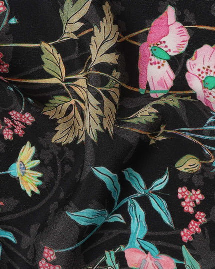 Black Multicolor Floral Printed Premium Pure Silk Crepe Fabric with Botanical Vine Design, 110 cms Width, Made in India-D26326