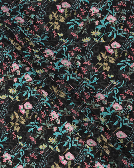 Black Multicolor Floral Printed Premium Pure Silk Crepe Fabric with Botanical Vine Design, 110 cms Width, Made in India-D26326