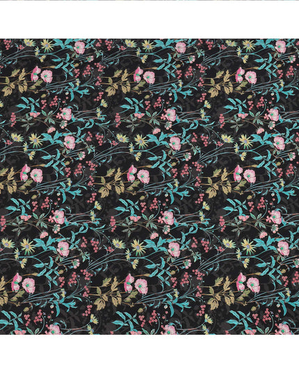 Black Multicolor Floral Printed Premium Pure Silk Crepe Fabric with Botanical Vine Design, 110 cms Width, Made in India-D26326