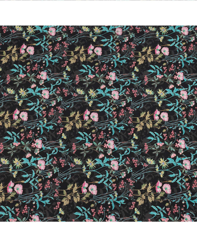 Black Multicolor Floral Printed Premium Pure Silk Crepe Fabric with Botanical Vine Design, 110 cms Width, Made in India-D26326