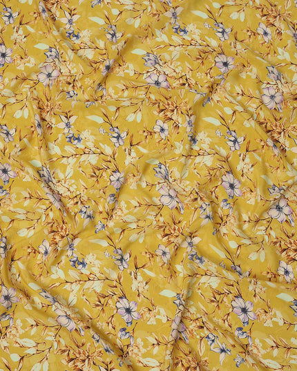 Mustard Yellow Multicolor Floral Printed Premium Pure Silk Crepe Fabric with Botanical Leaf and Bloom Design, 110 cms Width, Made in India-D26328