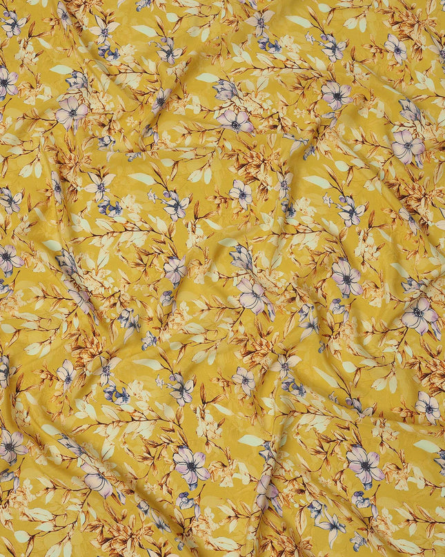Mustard Yellow Multicolor Floral Printed Premium Pure Silk Crepe Fabric with Botanical Leaf and Bloom Design, 110 cms Width, Made in India-D26328