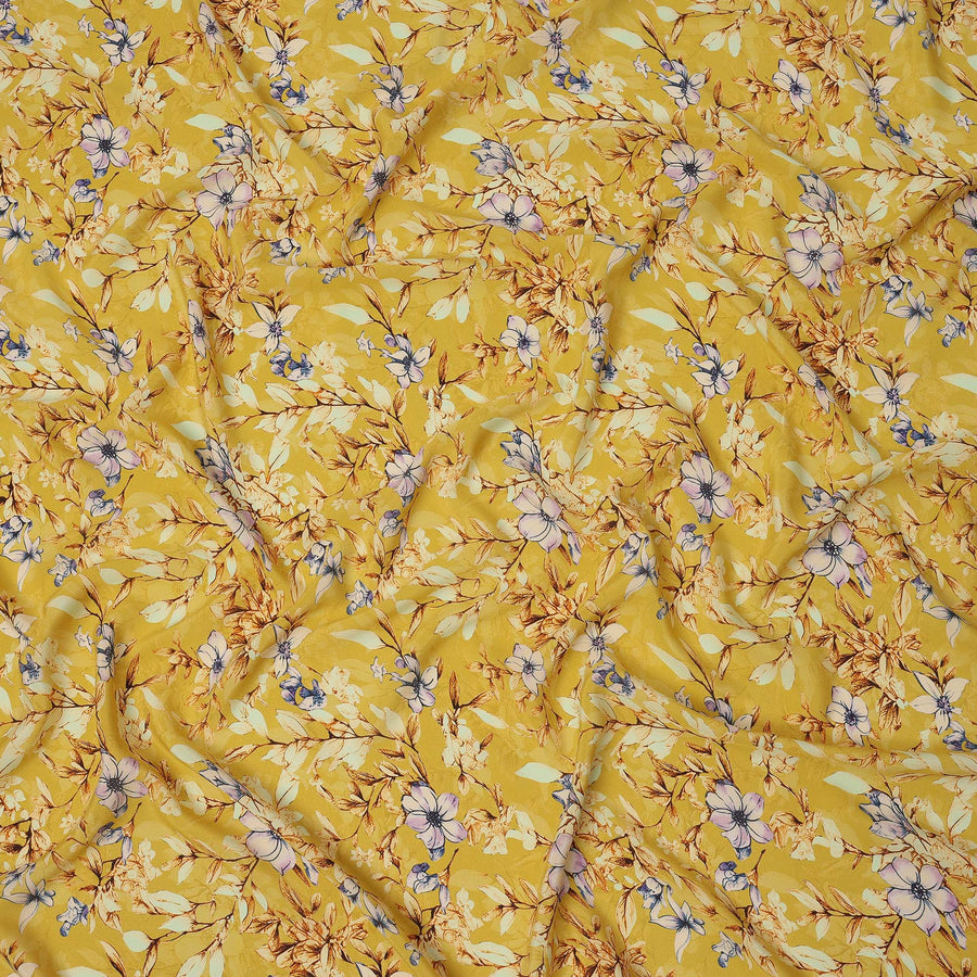 Mustard Yellow Multicolor Floral Printed Premium Pure Silk Crepe Fabric with Botanical Leaf and Bloom Design, 110 cms Width, Made in India-D26328