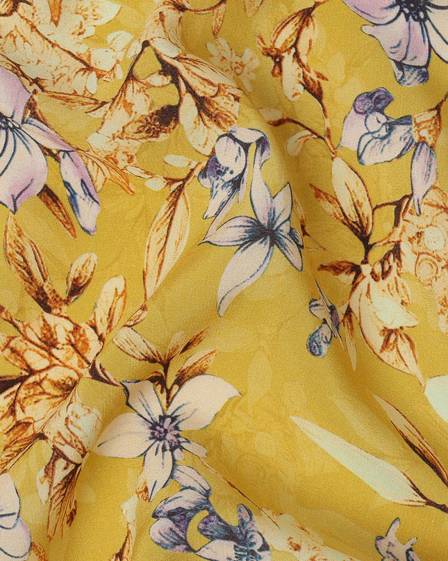 Mustard Yellow Multicolor Floral Printed Premium Pure Silk Crepe Fabric with Botanical Leaf and Bloom Design, 110 cms Width, Made in India-D26328