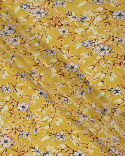 Mustard Yellow Multicolor Floral Printed Premium Pure Silk Crepe Fabric with Botanical Leaf and Bloom Design, 110 cms Width, Made in India-D26328