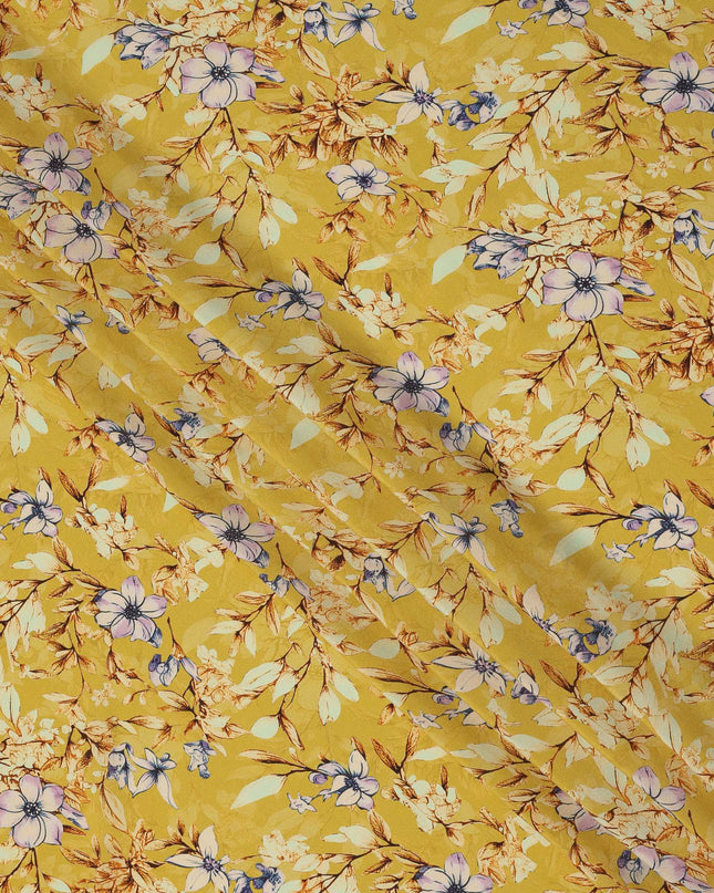 Mustard Yellow Multicolor Floral Printed Premium Pure Silk Crepe Fabric with Botanical Leaf and Bloom Design, 110 cms Width, Made in India-D26328