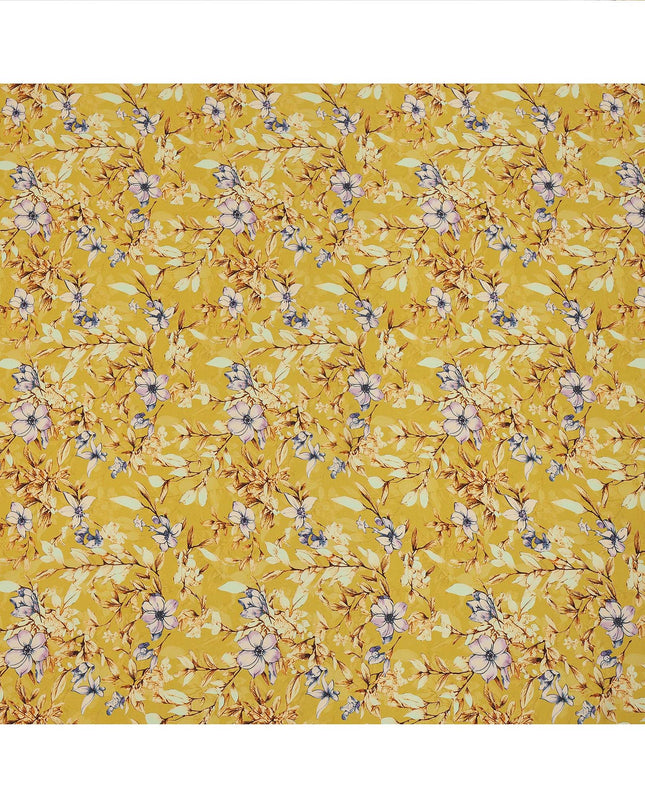 Mustard Yellow Multicolor Floral Printed Premium Pure Silk Crepe Fabric with Botanical Leaf and Bloom Design, 110 cms Width, Made in India-D26328