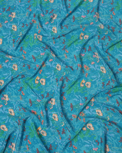 Turquoise Blue Multicolor Floral Printed Premium Pure Silk Crepe Fabric with Tropical Leaf and Blossom Design, 110 cms Width, Made in India-D26324