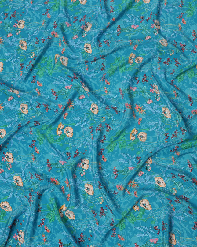 Turquoise Blue Multicolor Floral Printed Premium Pure Silk Crepe Fabric with Tropical Leaf and Blossom Design, 110 cms Width, Made in India-D26324