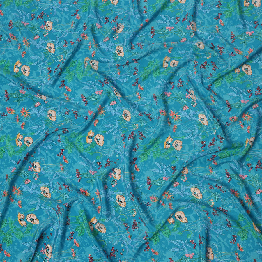 Turquoise Blue Multicolor Floral Printed Premium Pure Silk Crepe Fabric with Tropical Leaf and Blossom Design, 110 cms Width, Made in India-D26324