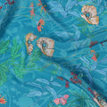 Turquoise Blue Multicolor Floral Printed Premium Pure Silk Crepe Fabric with Tropical Leaf and Blossom Design, 110 cms Width, Made in India-D26324