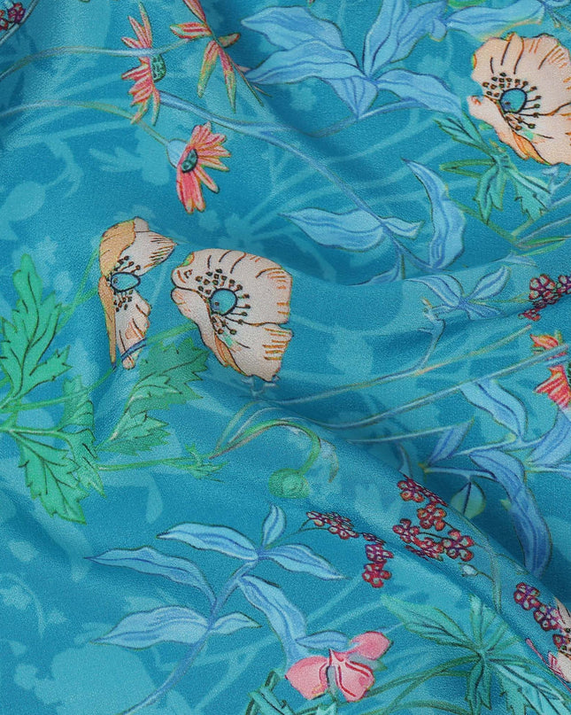 Turquoise Blue Multicolor Floral Printed Premium Pure Silk Crepe Fabric with Tropical Leaf and Blossom Design, 110 cms Width, Made in India-D26324