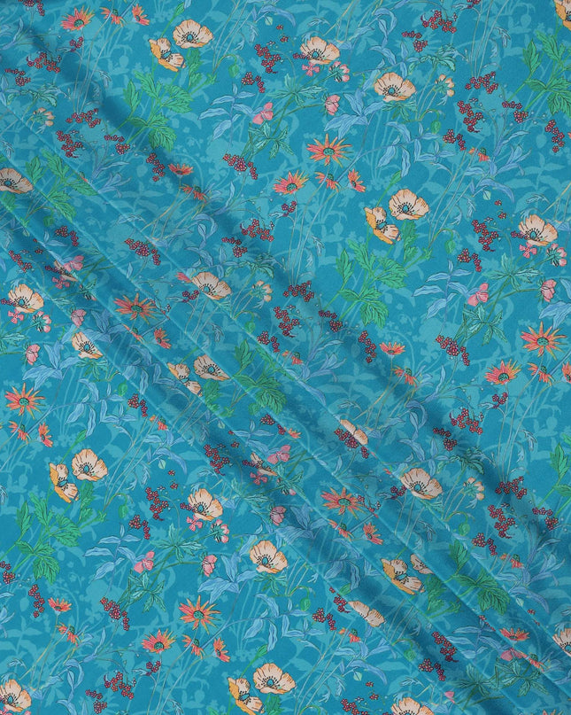 Turquoise Blue Multicolor Floral Printed Premium Pure Silk Crepe Fabric with Tropical Leaf and Blossom Design, 110 cms Width, Made in India-D26324