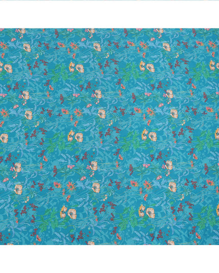 Turquoise Blue Multicolor Floral Printed Premium Pure Silk Crepe Fabric with Tropical Leaf and Blossom Design, 110 cms Width, Made in India-D26324