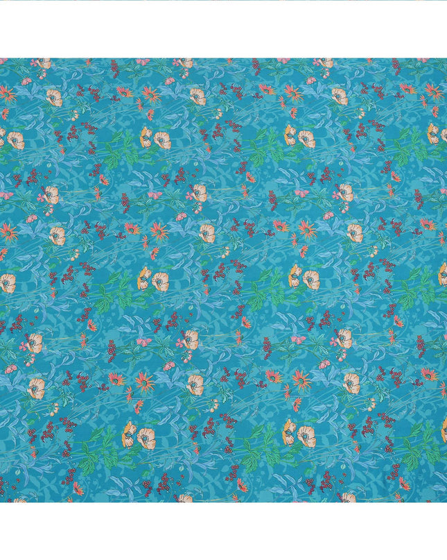 Turquoise Blue Multicolor Floral Printed Premium Pure Silk Crepe Fabric with Tropical Leaf and Blossom Design, 110 cms Width, Made in India-D26324