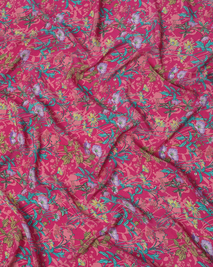 Pink Multicolor Floral Printed Premium Pure Silk Crepe Fabric with Tropical Botanical Design, 110 cms Width, Made in India-D26323
