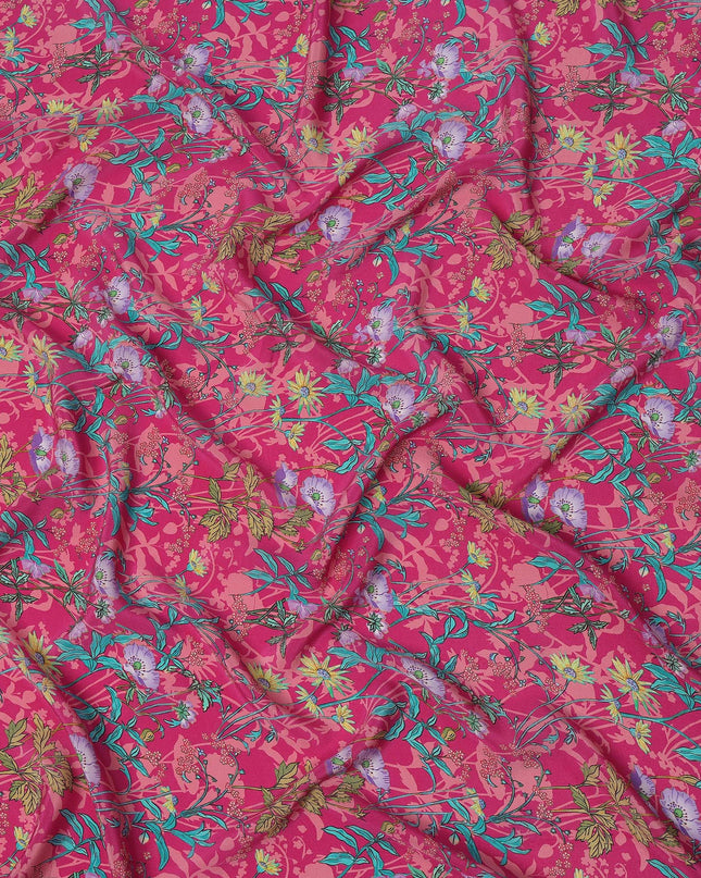 Pink Multicolor Floral Printed Premium Pure Silk Crepe Fabric with Tropical Botanical Design, 110 cms Width, Made in India-D26323