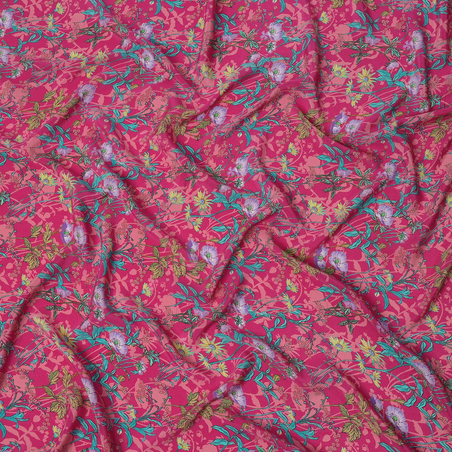 Pink Multicolor Floral Printed Premium Pure Silk Crepe Fabric with Tropical Botanical Design, 110 cms Width, Made in India-D26323