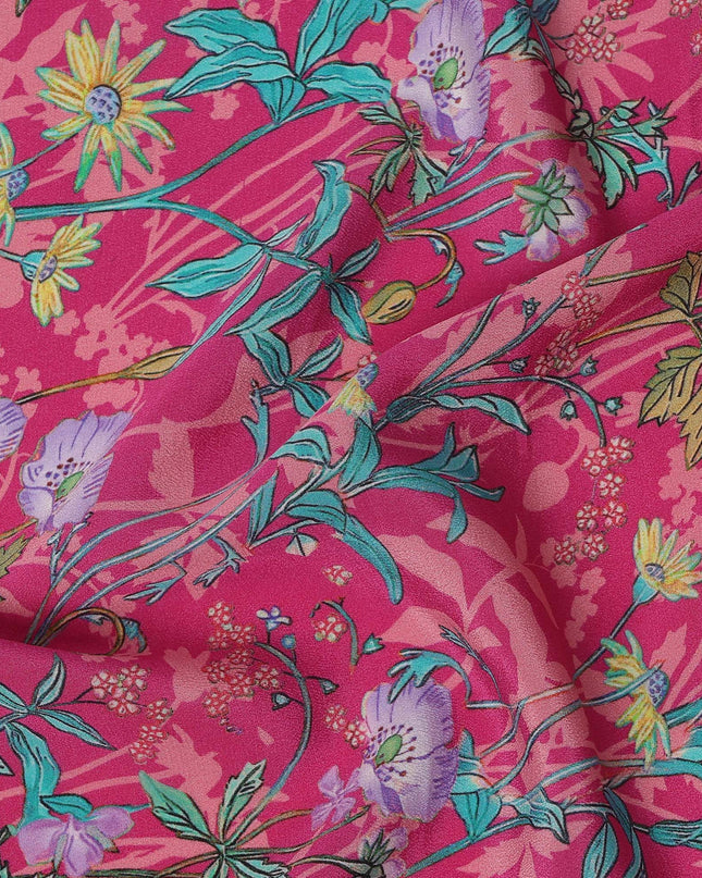 Pink Multicolor Floral Printed Premium Pure Silk Crepe Fabric with Tropical Botanical Design, 110 cms Width, Made in India-D26323
