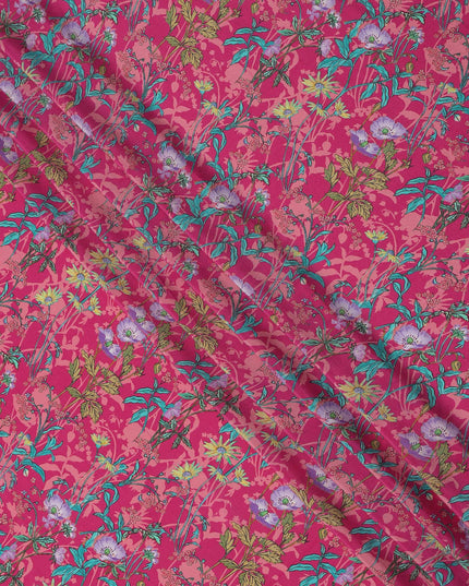 Pink Multicolor Floral Printed Premium Pure Silk Crepe Fabric with Tropical Botanical Design, 110 cms Width, Made in India-D26323