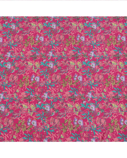 Pink Multicolor Floral Printed Premium Pure Silk Crepe Fabric with Tropical Botanical Design, 110 cms Width, Made in India-D26323