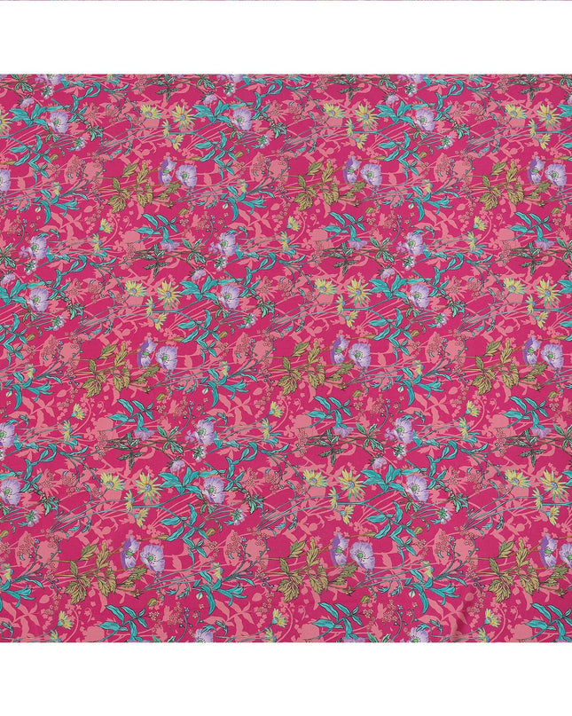 Pink Multicolor Floral Printed Premium Pure Silk Crepe Fabric with Tropical Botanical Design, 110 cms Width, Made in India-D26323
