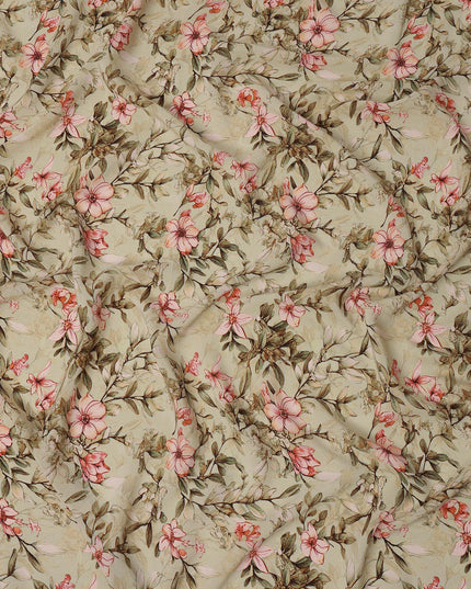 Beige Floral Printed Premium Pure Silk Crepe Fabric with Delicate Botanical Design, 110 cms Width, Made in India-D26316