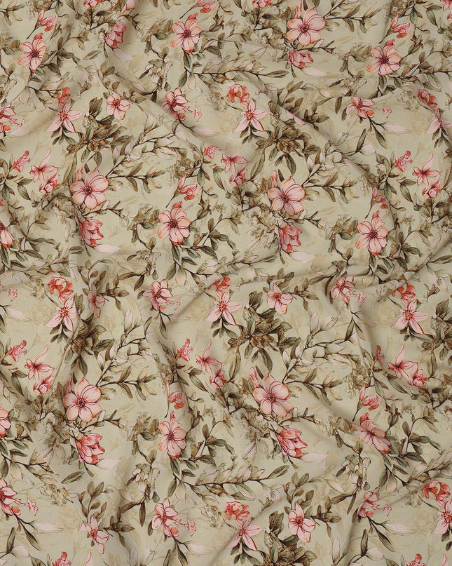 Beige Floral Printed Premium Pure Silk Crepe Fabric with Delicate Botanical Design, 110 cms Width, Made in India-D26316