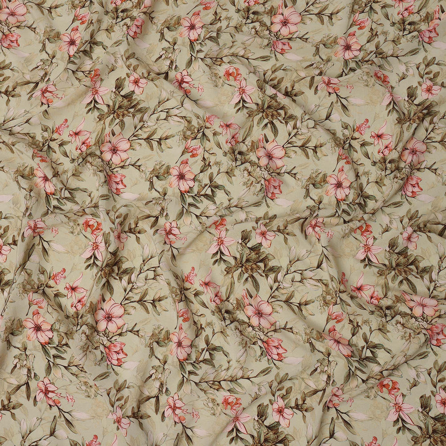 Beige Floral Printed Premium Pure Silk Crepe Fabric with Delicate Botanical Design, 110 cms Width, Made in India-D26316