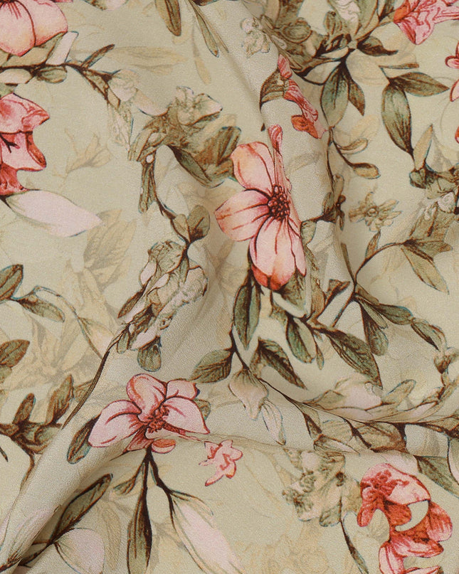 Beige Floral Printed Premium Pure Silk Crepe Fabric with Delicate Botanical Design, 110 cms Width, Made in India-D26316
