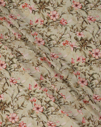 Beige Floral Printed Premium Pure Silk Crepe Fabric with Delicate Botanical Design, 110 cms Width, Made in India-D26316