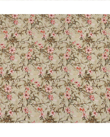 Beige Floral Printed Premium Pure Silk Crepe Fabric with Delicate Botanical Design, 110 cms Width, Made in India-D26316